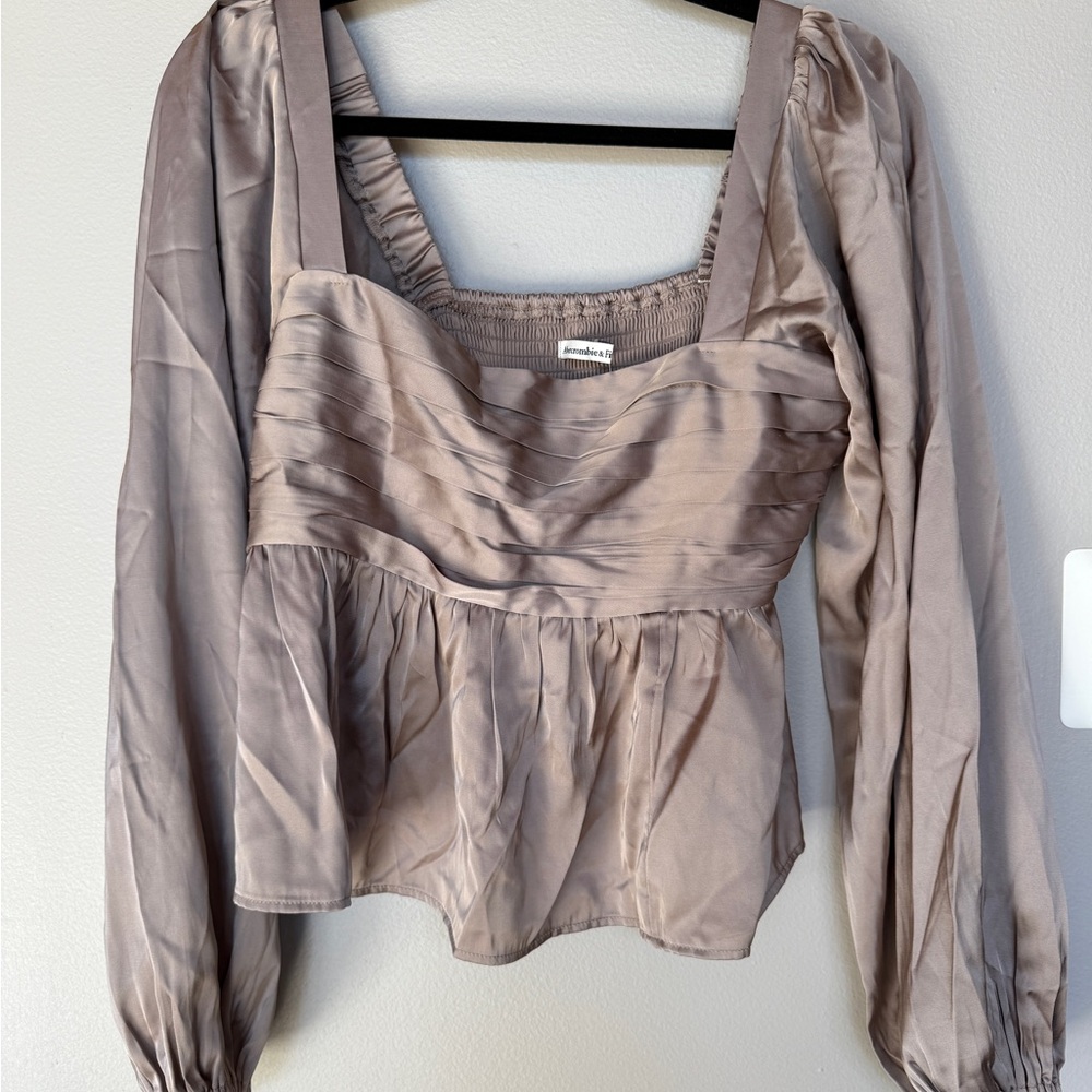 Abercrombie Taupe Satin Peplum Long-Sleeve Top